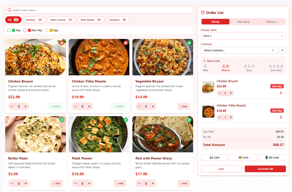 Restaurant point-of-sale system screenshot